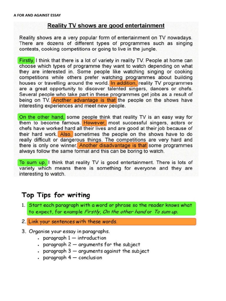 For Against And Opinion Essay B1 Level Pdf