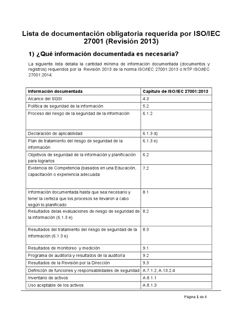 Lista Documentos ISO 27001 Obligatorios | Seguridad de información | La ...