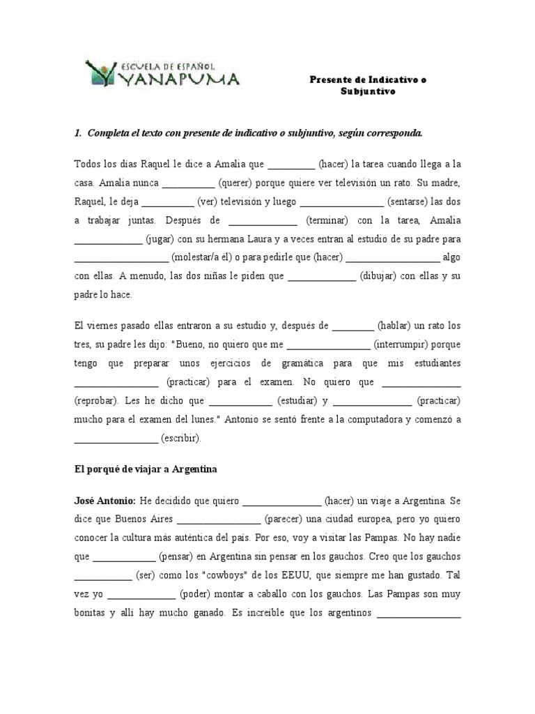 Ejercicios De Presente De Subjuntivo Pdf