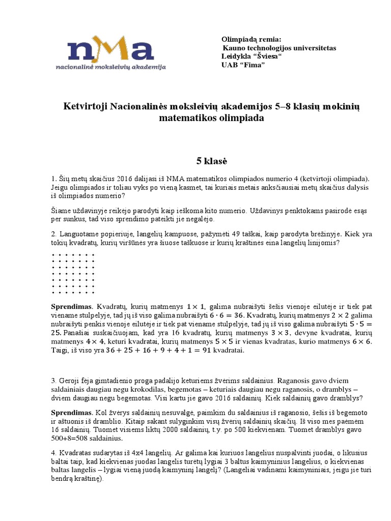 NMA Olimpiada 2016 - 5 Klasė - Sprendimai | PDF