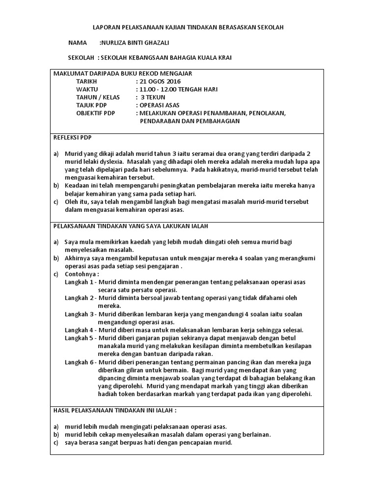 Laporan Pelaksanaan Kajian Tindakan Berasaskan Sekolah Pemskbahagia Liza Pdf