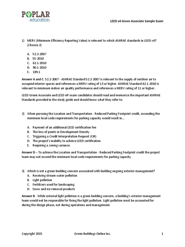 Poplar Free LEED v4 GA Quiz (35 Questions) | PDF | Leadership In Energy ...