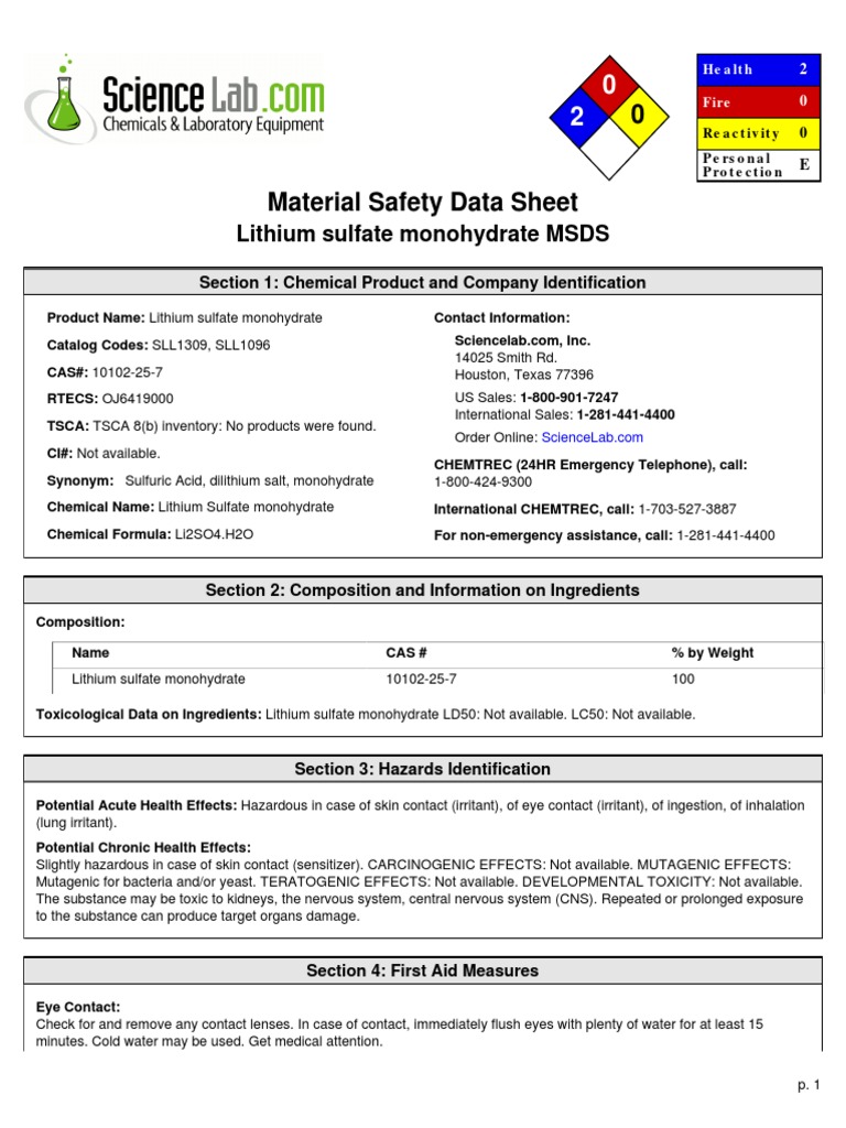 Msds Lithium Sulfate | Personal Protective Equipment | Toxicity
