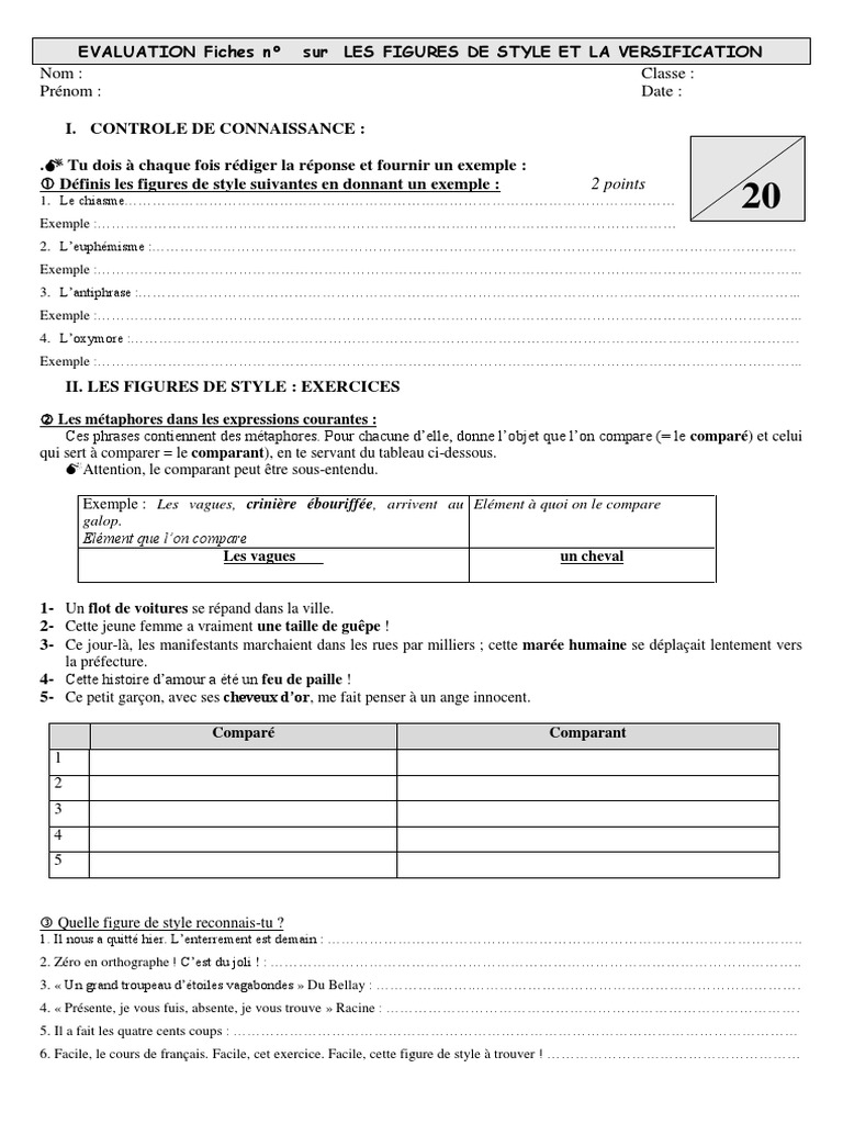 Les Figures De Style Exercices Corrigés 4ème Pdf Exercice S | PDF | Mécanismes de la poésie | Métaphore