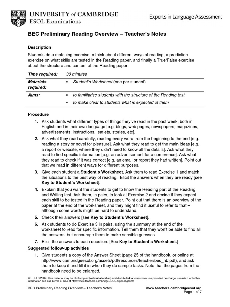 BEC - Preliminary Reading Overview PDF | PDF | Multiple Choice ...