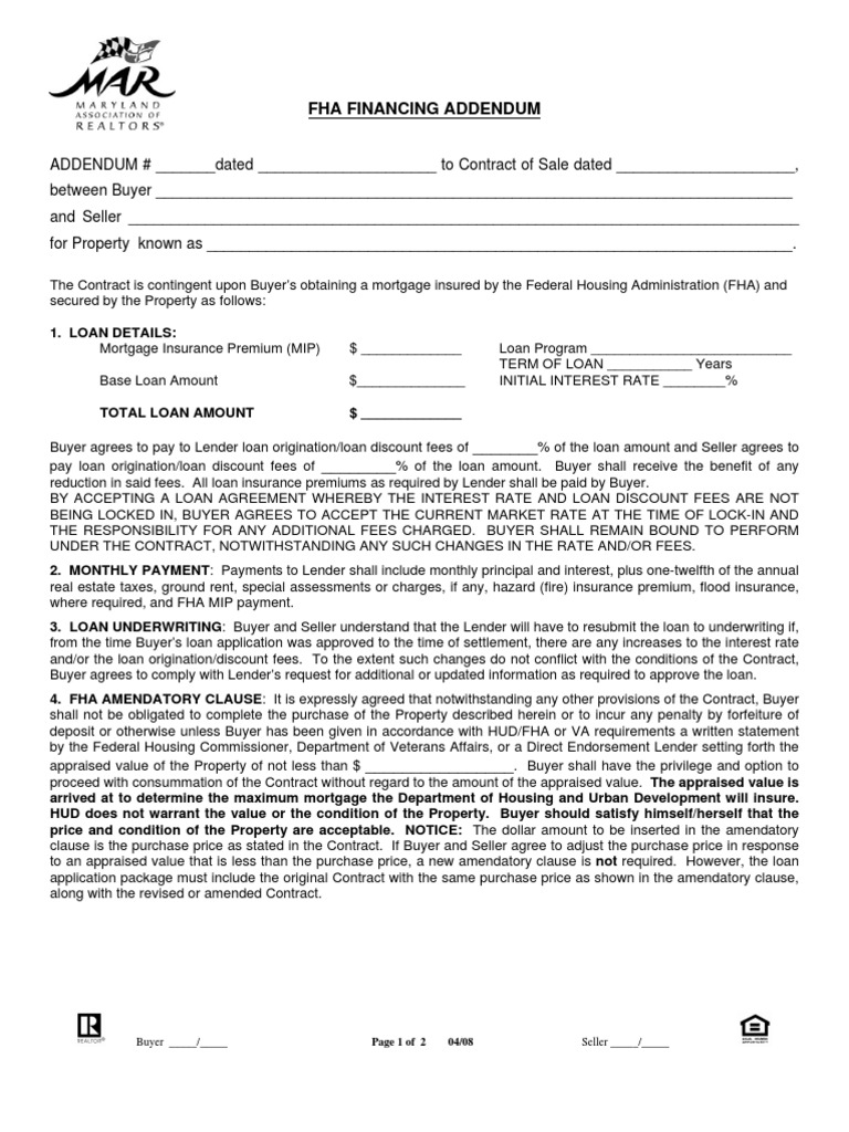 FHA Financing Addendum | PDF | Fha Insured Loan | Federal Housing  Administration