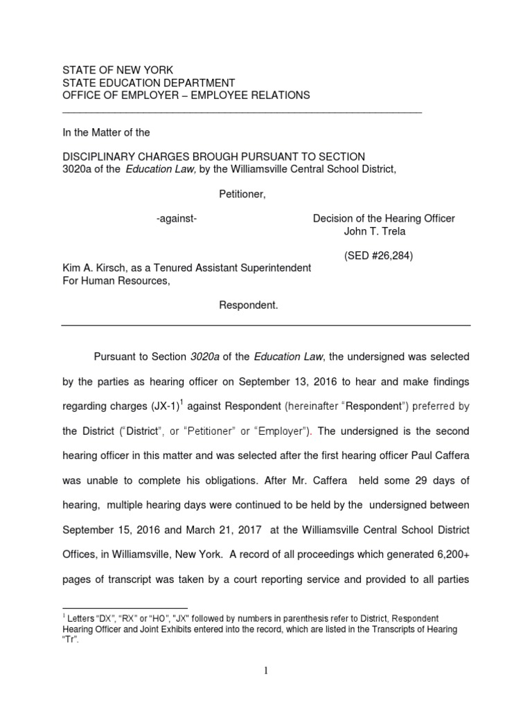 2017 Decision On Williamsville School District Firing of Kim Kirsch