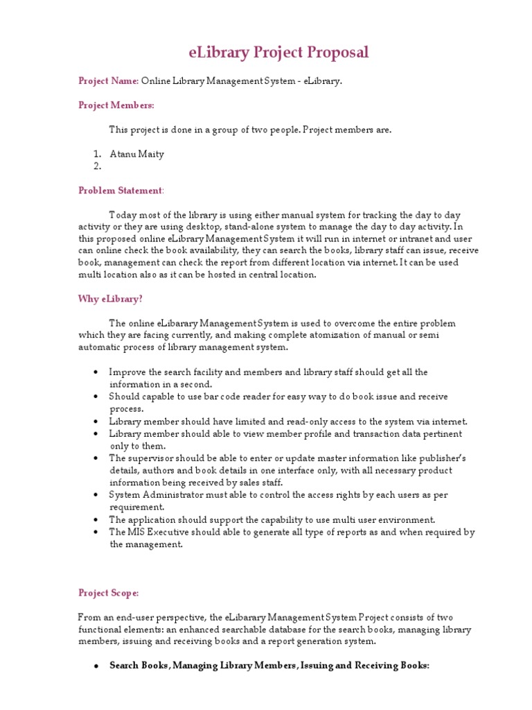 Elibrary Proposal Pdf Library Computing Databases