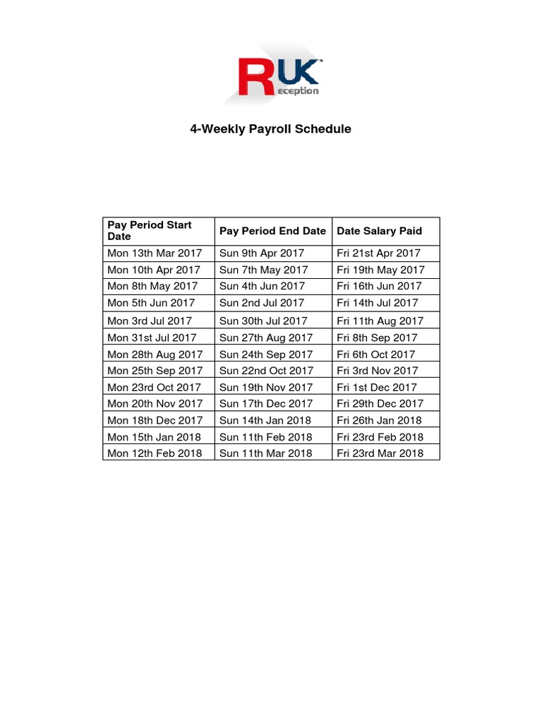 Payroll Dates 201718 Reception Uk PDF