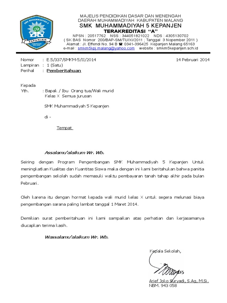 Contoh Surat Pemberitahuan Program Sekolah