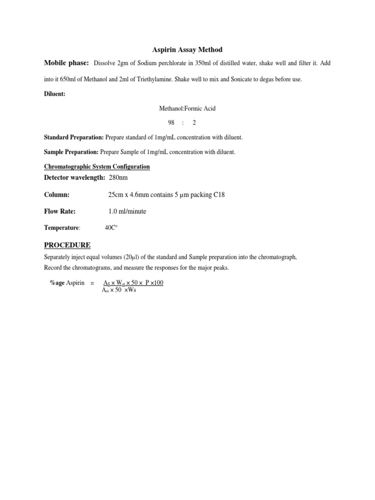 Aspirin Assay Method Mobile Phase PDF