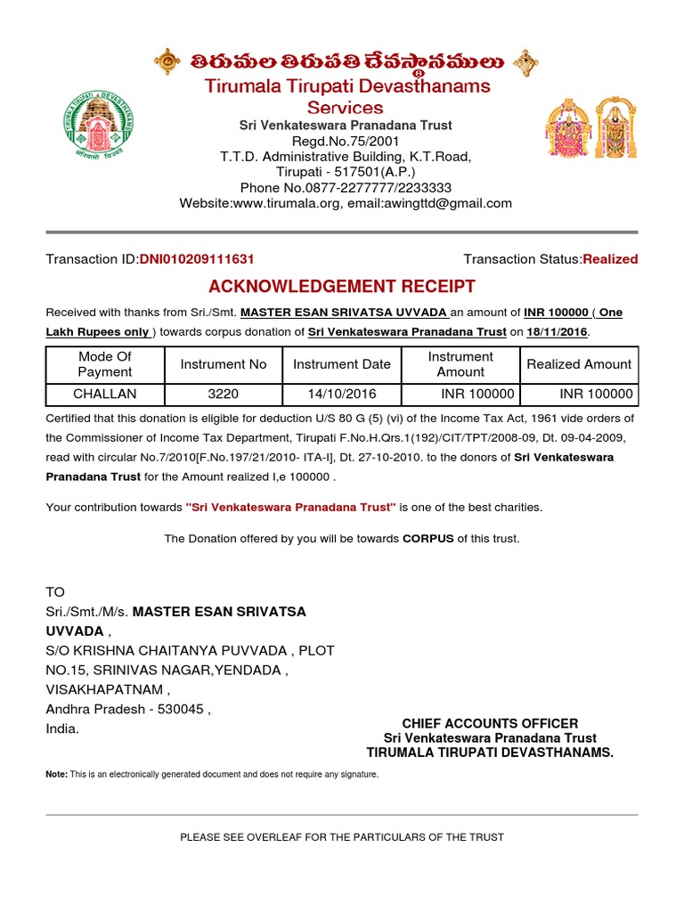 Acknowledgement Receipt TTD PDF Government Finances Taxes