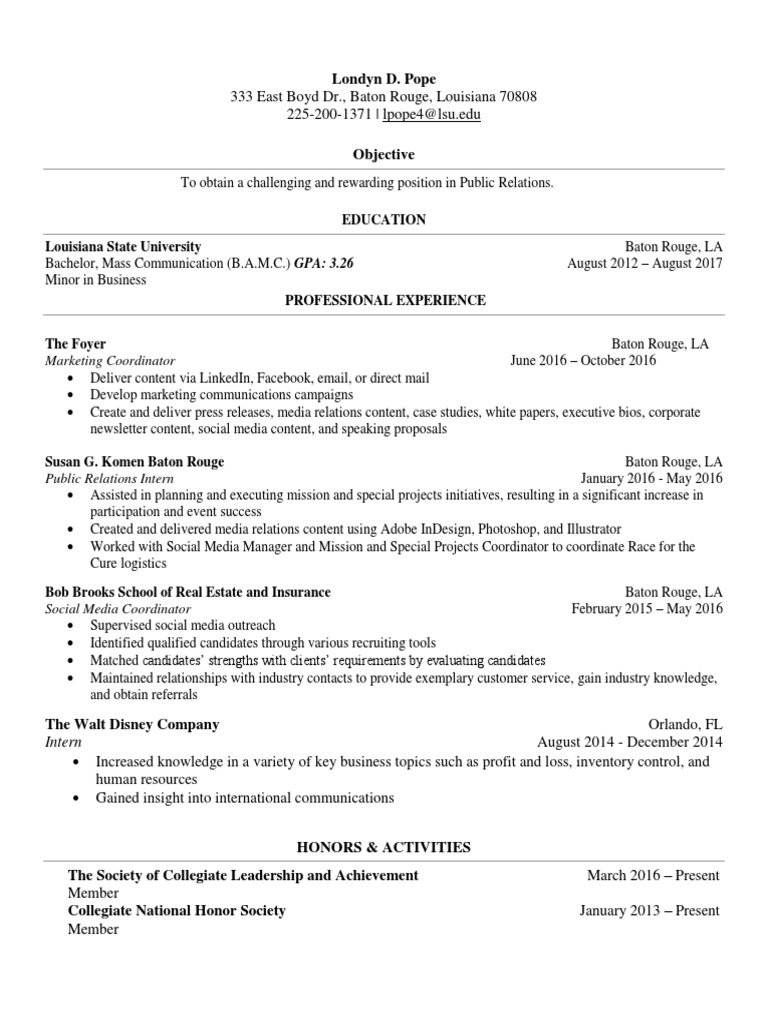 2016 Londyn Short Resume 2 2 Public Relations Digital Social