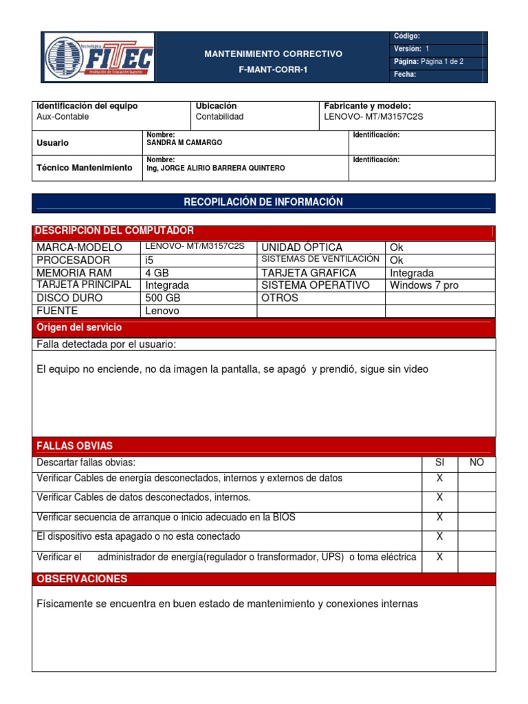 Formato De Mantenimiento Correctivo Ejemplo Bios Electrónica