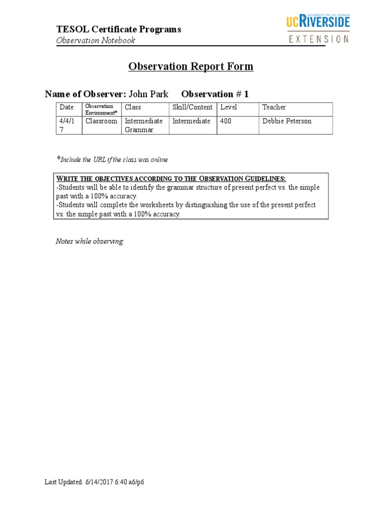 5 - blank observation report form 2 | Lesson Plan | English As A Second