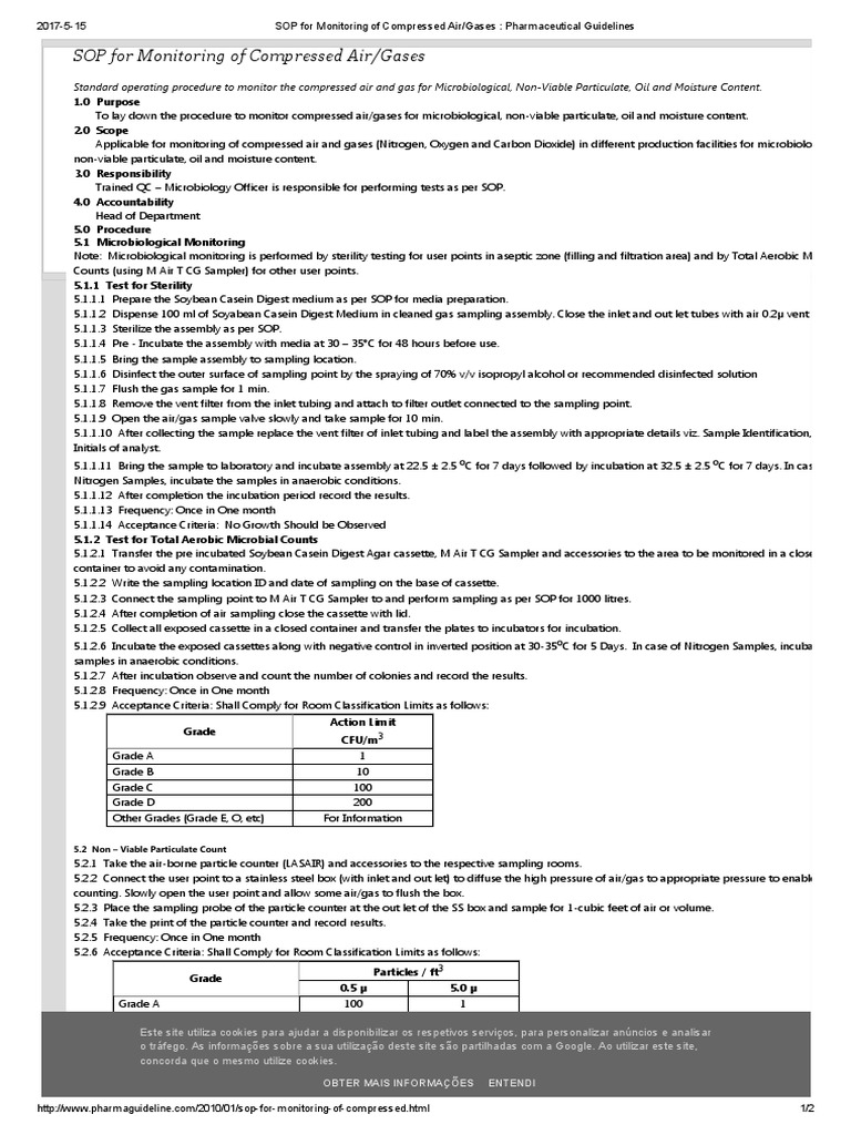 SOP For Monitoring of Compressed Air Gases PDF Filtration