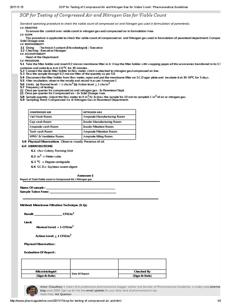 SOP for Testing of Compressed Air and Nitrogen Gas for Viable Count