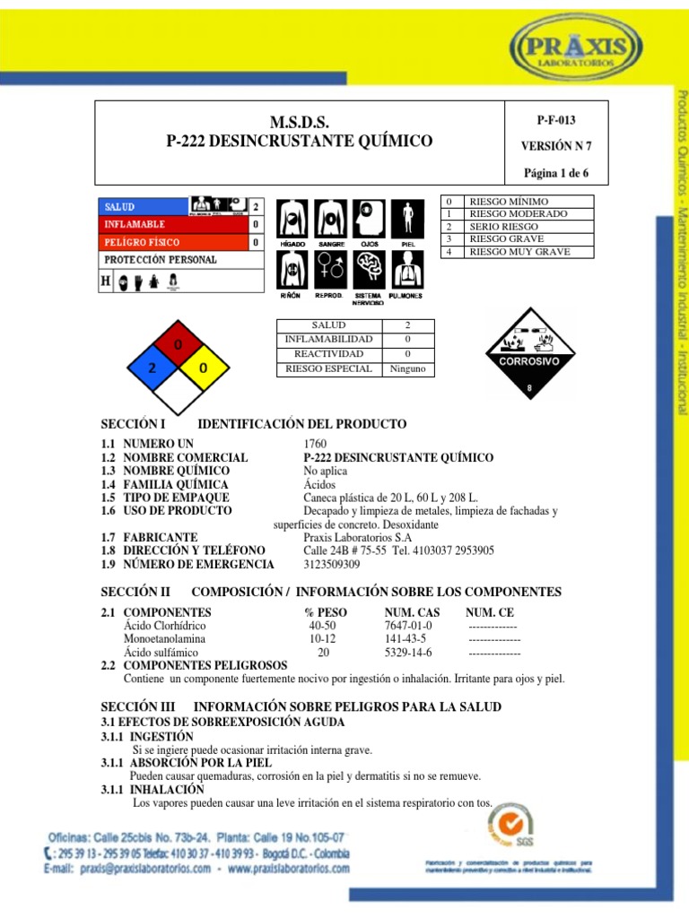 Desincrustante Químico P-222: MSDS | PDF | Quemar | Agua