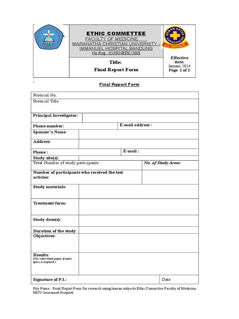 Ethic Commettee: Title: Final Report Form | PDF | Science & Mathematics