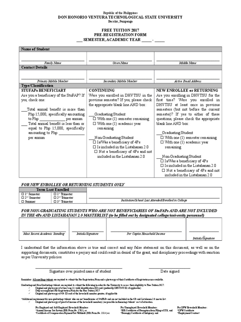 Free Tuition 2017 Pre-Registration Form: Document for Student ...