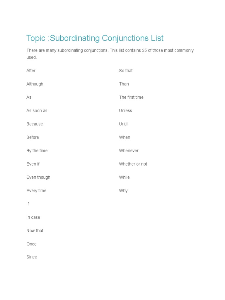 Common Subordinating Conjunctions List | PDF