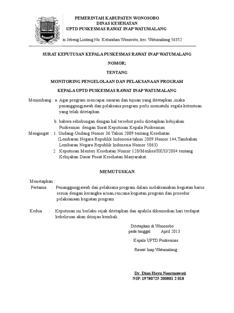 Contoh SK Monitoring Pengelolaan Dan Pelaksanaan Program | PDF