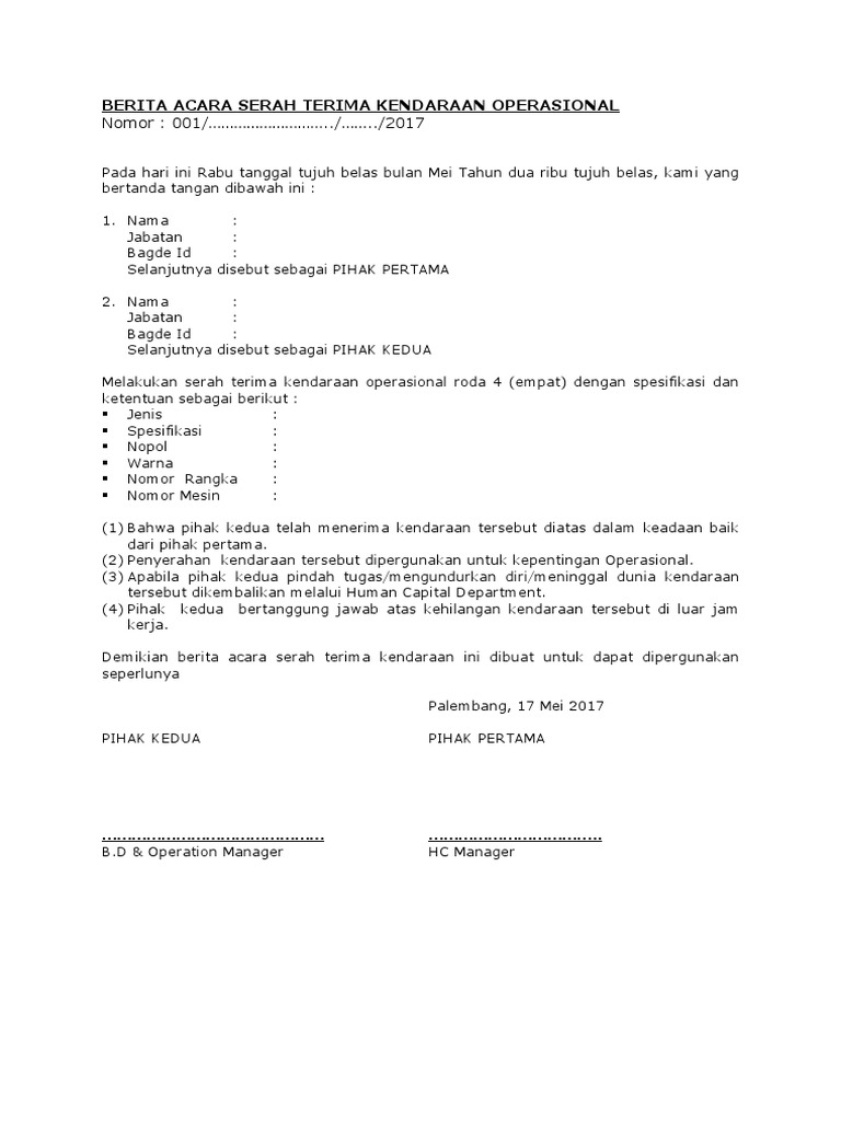 Contoh Berita Acara Serah Terima Kendaraan Operasional Saaneesaonlineshop