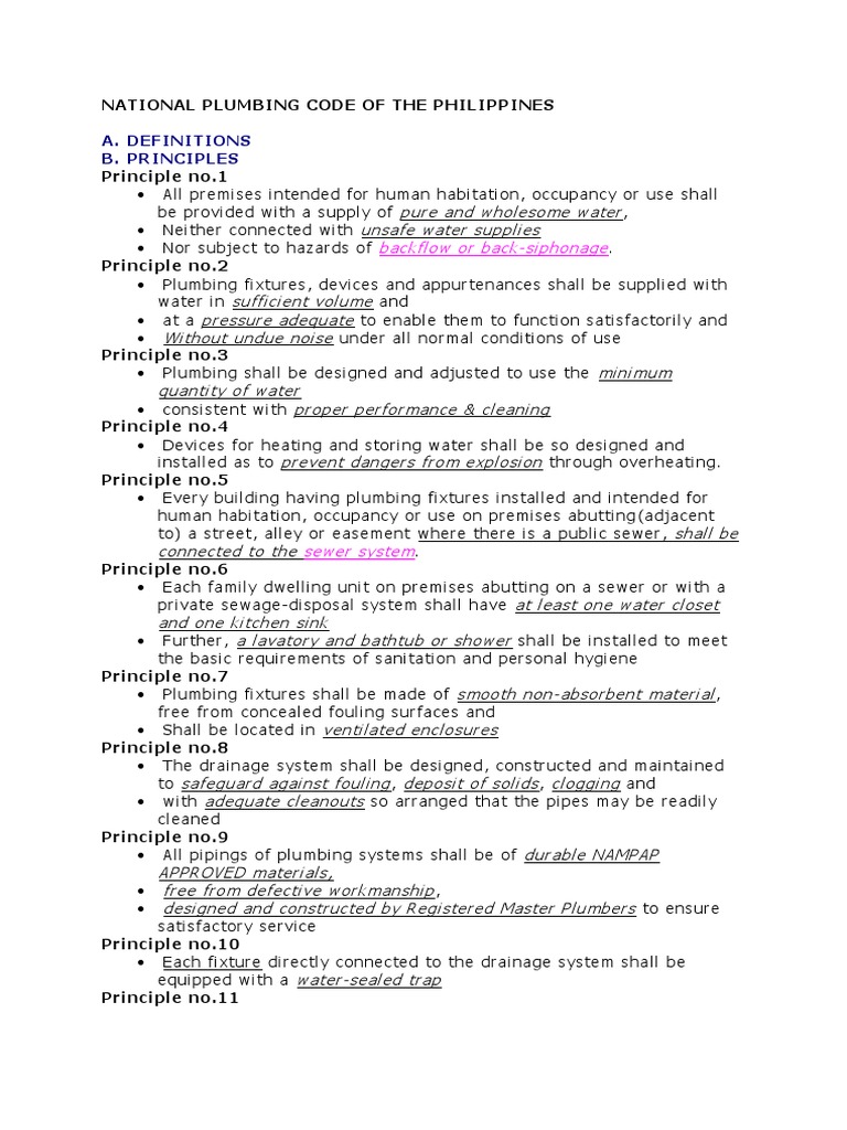 A. Definitions B. Principles National Plumbing Code Of The Philippines