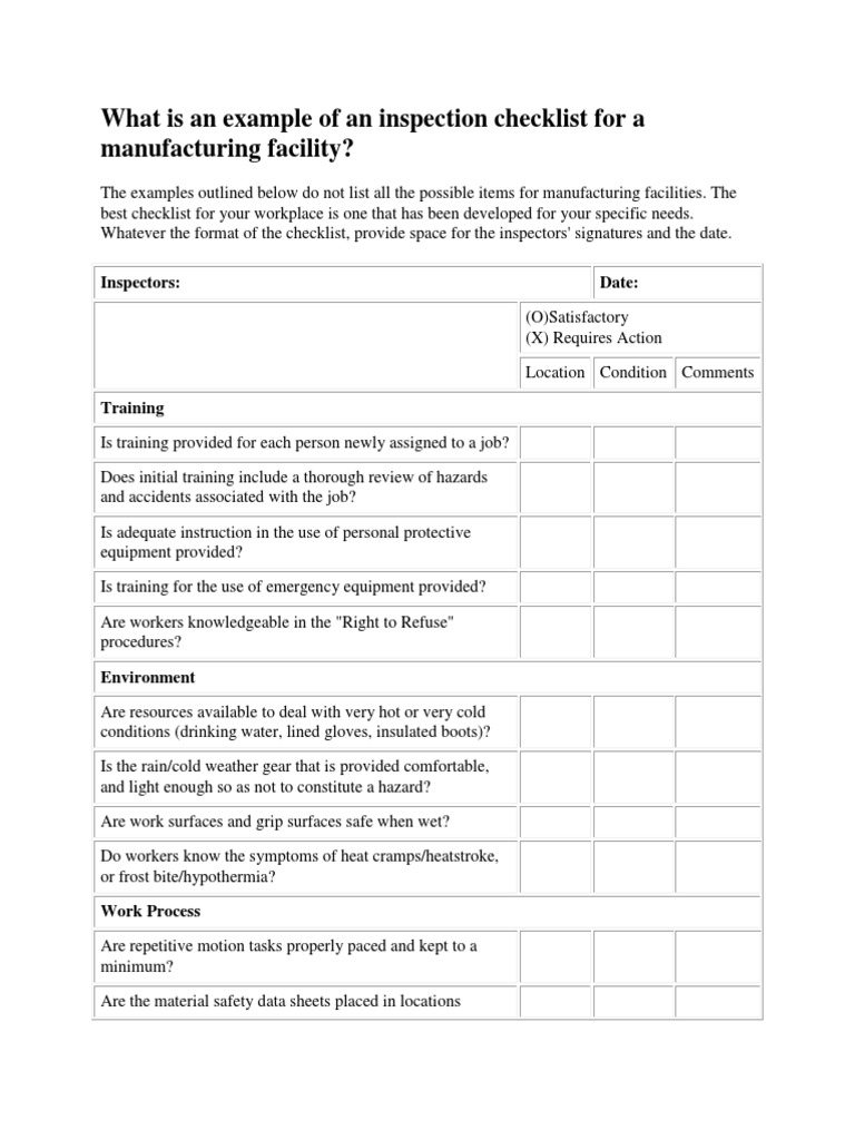 What Is An Example of An Inspection Checklist For A Manufacturing ...