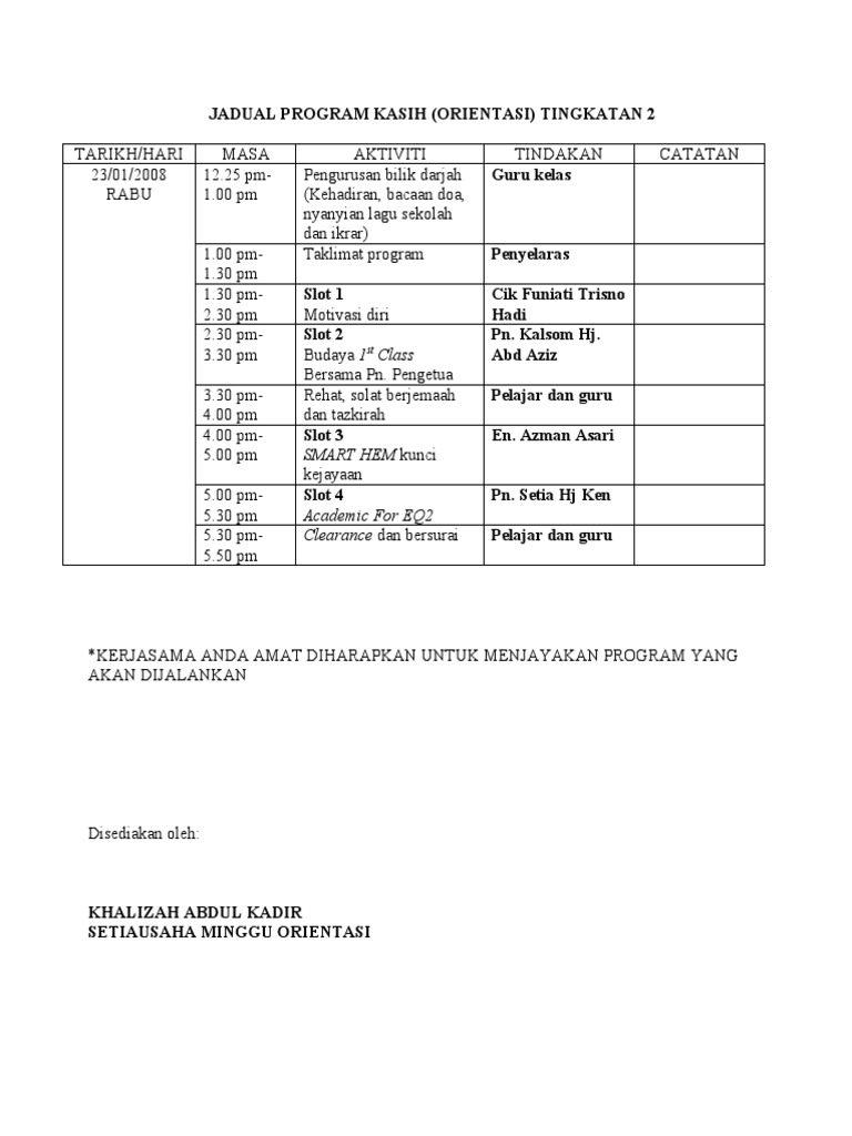 Jadual Program Orientasi Tingkatan 2 | PDF