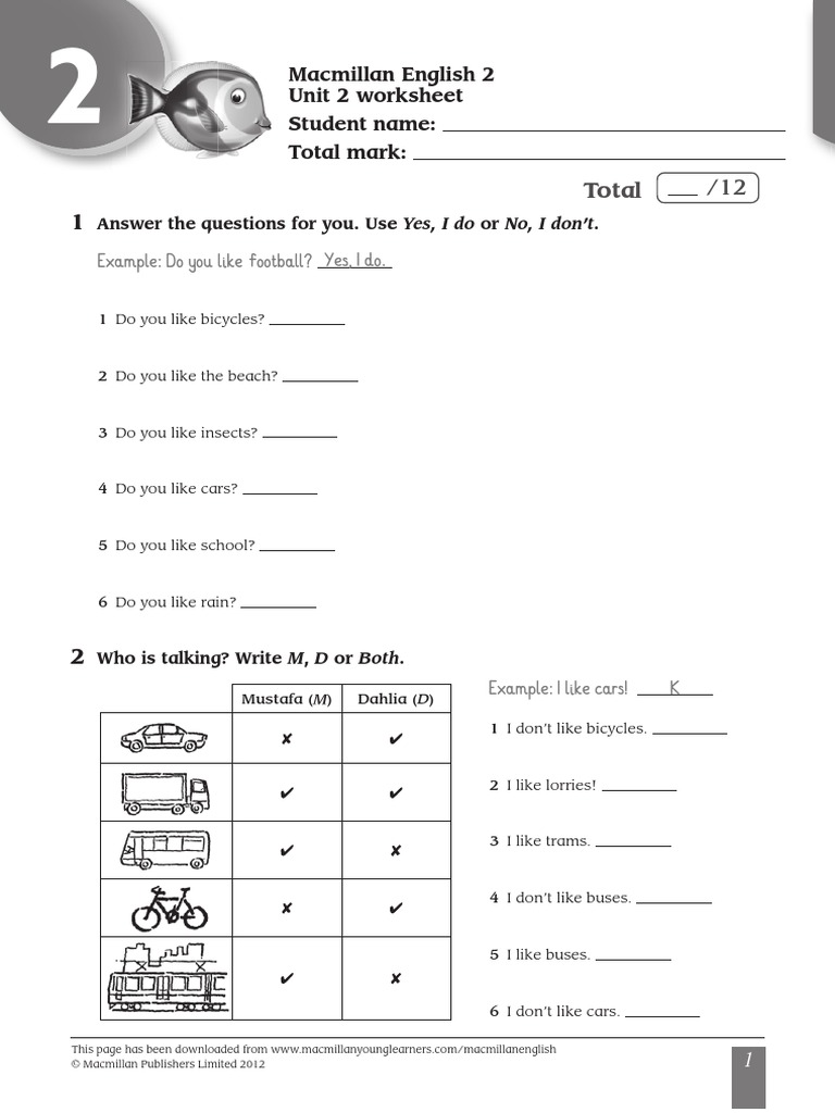 Total: Macmillan English 2 Unit 2 Worksheet Student Name: Total Mark | PDF