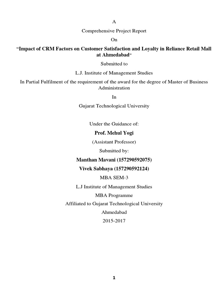 Impact of CRM Factors On Customer Satisfaction and Loyalty in Reliance ...