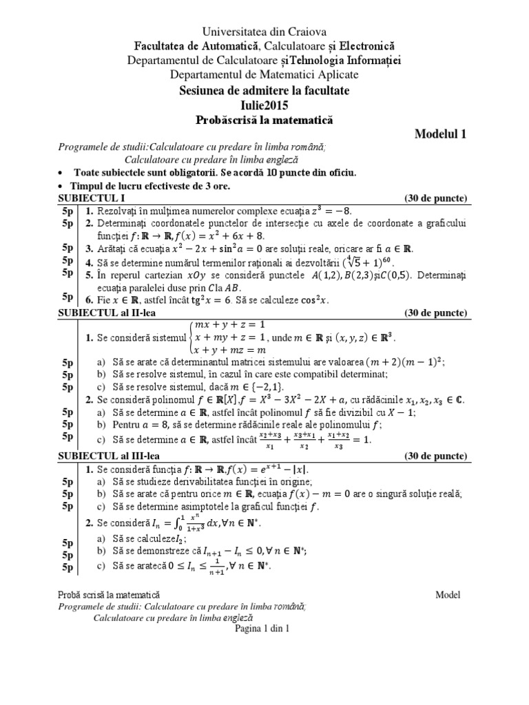 Modele - Subiecte - Matematica - 2015 - Automatica Craiova - 2 PDF | PDF