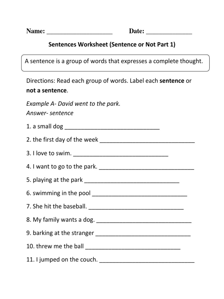 Sentence Identification Worksheet | PDF