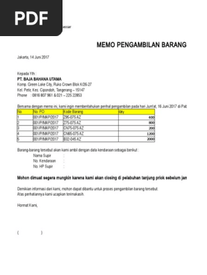 Memo Pengambilan Barang Gigasteel Pdf