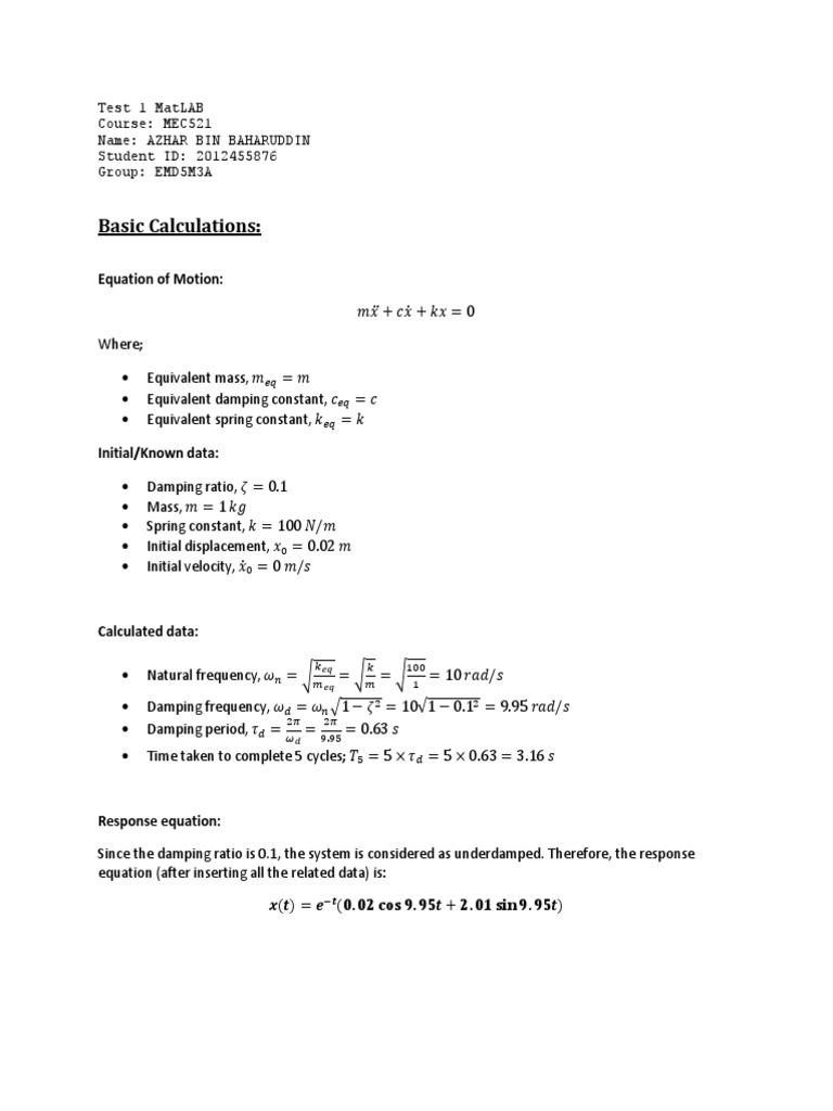 MATLAB Damped Oscillator Analysis | PDF | Teaching Methods & Materials