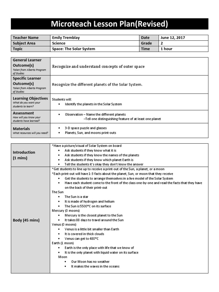 Microteach Lesson Plan - Space Revised | PDF | Natural Satellite ...