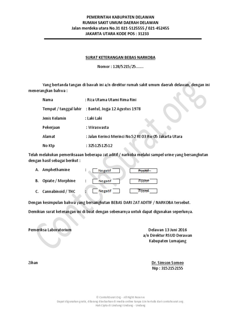 Contoh Surat Keterangan Bebas Narkoba Rumah Sakit Pdf