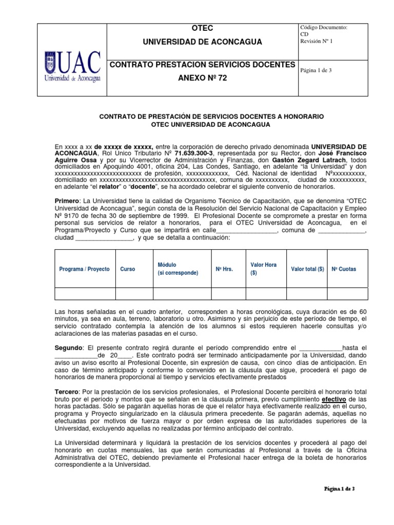 Anexo 72 Contrato Prestacion de Servicio Docente | PDF | Derecho laboral |  Pagos
