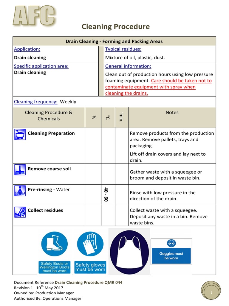 Drain Cleaning Procedure Overview | PDF | Disinfectant | Chemistry