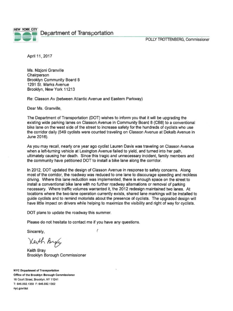 Letter From DOT On Classon Avenue Bike Lane | PDF