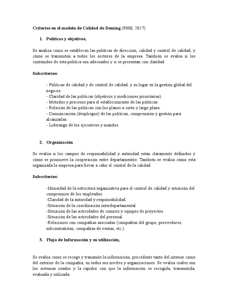 Criterios Modelo Deming | PDF | Calidad (comercial) | Business