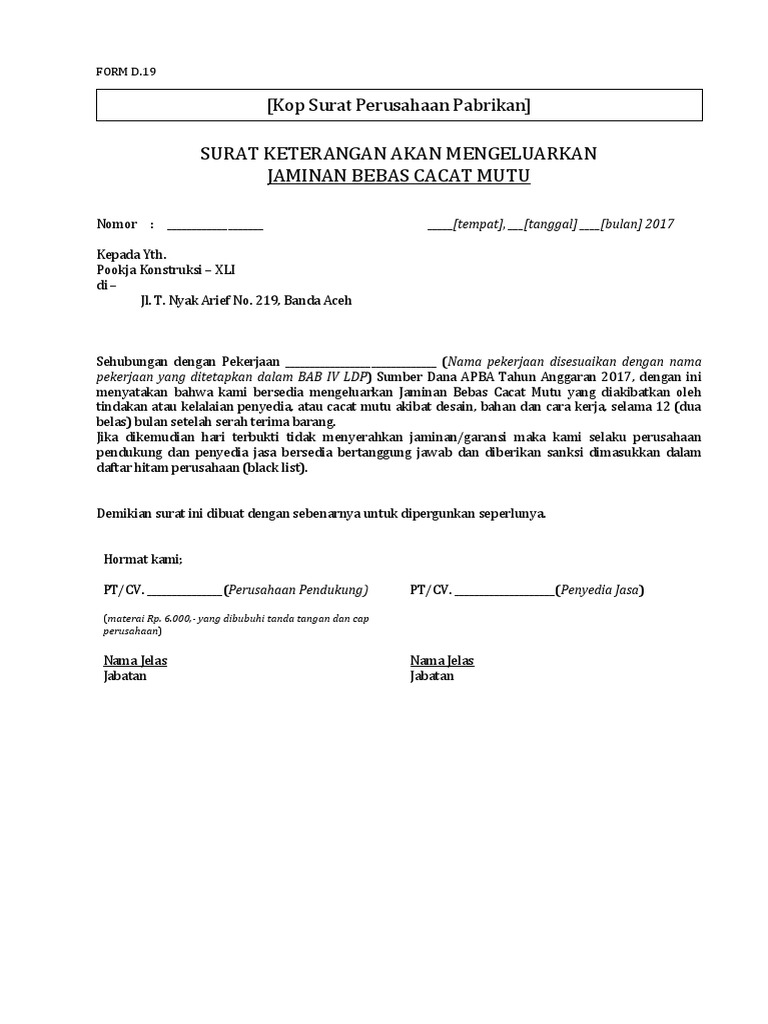 33 Format Surat Keterangan Jaminan Bebas Cacat Mutu