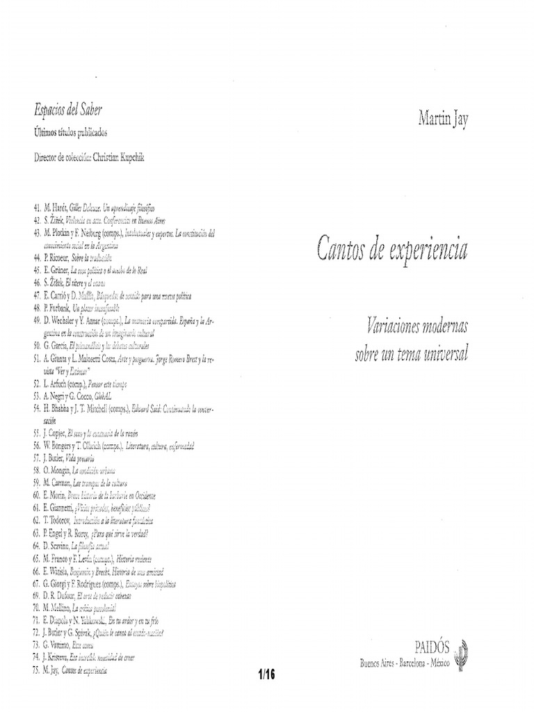 Jay, M. El Lamento Por La Crisis de La Experiencia (Cantos de