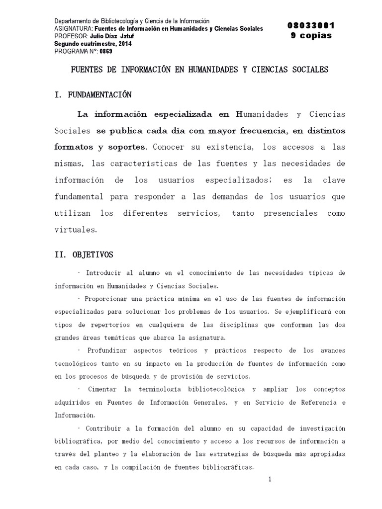 Programa Fuentes de Información en Humanidades y Ciencias Sociales 2014 ...