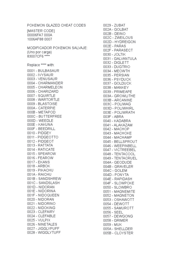 Pokemon Glazed Cheat Codes Fictional Life Forms Nintendo Franchises