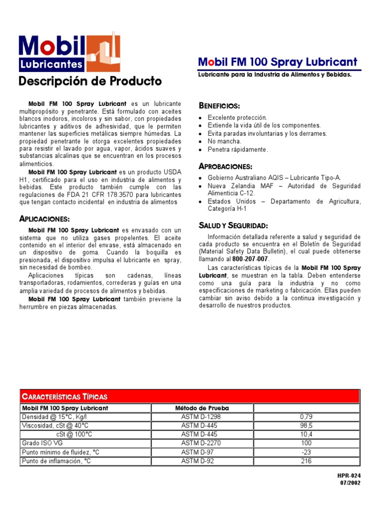 Lubricante Spray Mobil FM 100 | PDF | Lubricante | Alimentos