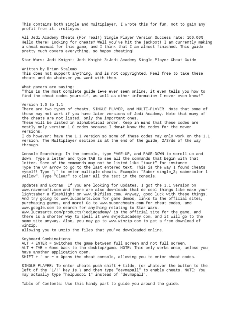 Jedi Academy Console Commands PDF Cheating In Video Games Command