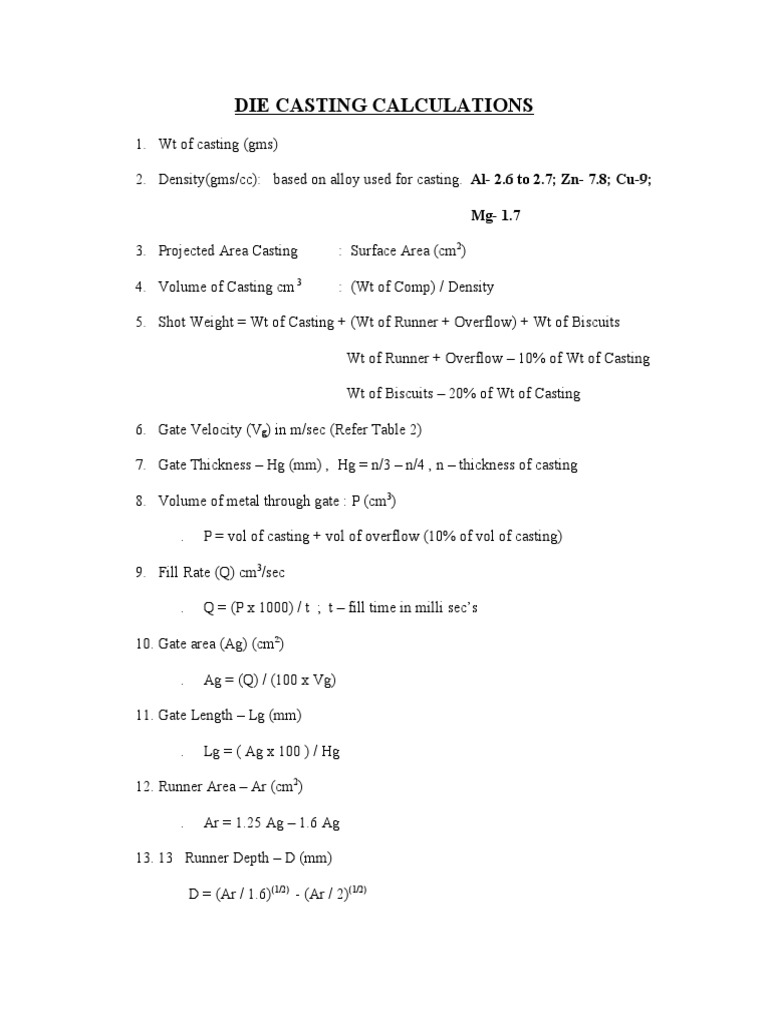 Die Casting Calculation PDF PDF Casting (Metalworking) Applied