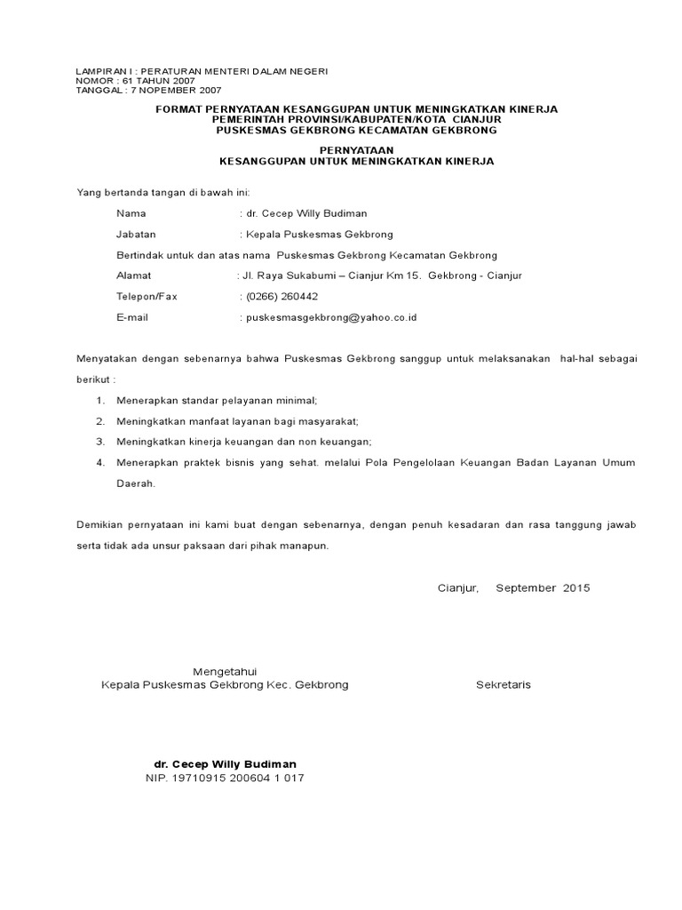 Surat Pernyataan Kesanggupan Untuk Meningkatkan Kinerja  Kumpulan